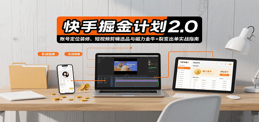 快手掘金计划2.0，账号定位装修、短视频剪辑选品与磁力金牛+裂变出单实战指南-梦清研习社