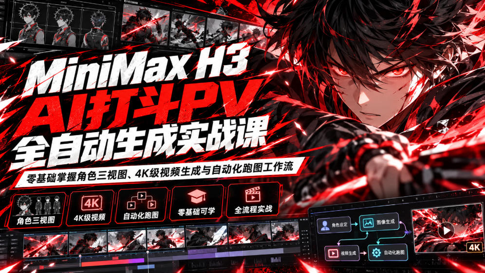 MiniMax H3 AI打斗PV全自动生成实战课：零基础掌握角色三视图、4K级视频生成与自动化跑图工作流-梦清研习社