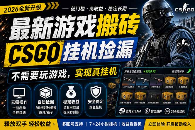 最新游戏搬砖，CSGO纯挂机，不需要玩游戏，实现真挂机，月入1W+，五一小高峰上车可吃肉，...-梦清研习社