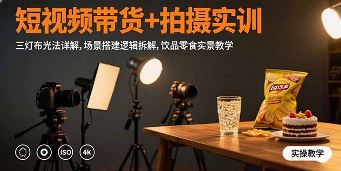 短视频带货+拍摄实训：三灯布光法详解,场景搭建逻辑拆解,饮品零食实景教学-梦清研习社