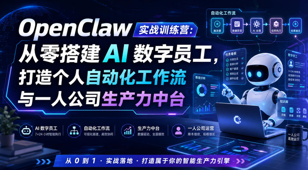 OpenClaw实战训练营:从零搭建AI数字员工,打造个人自动化工作流与一人公司生产力中台-梦清研习社