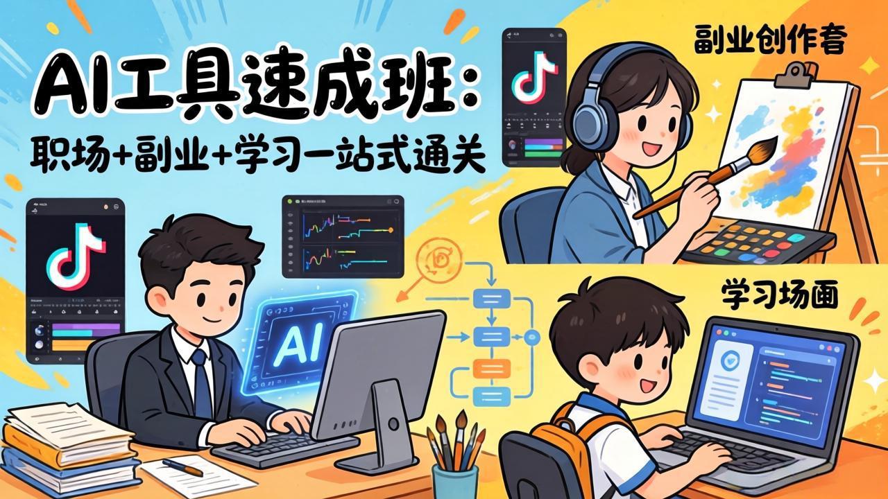 AI工具速成班：职场+副业+学习一站式通关，20+爆款类型+剪映技巧+抖音算法，0基础快速上手-梦清研习社
