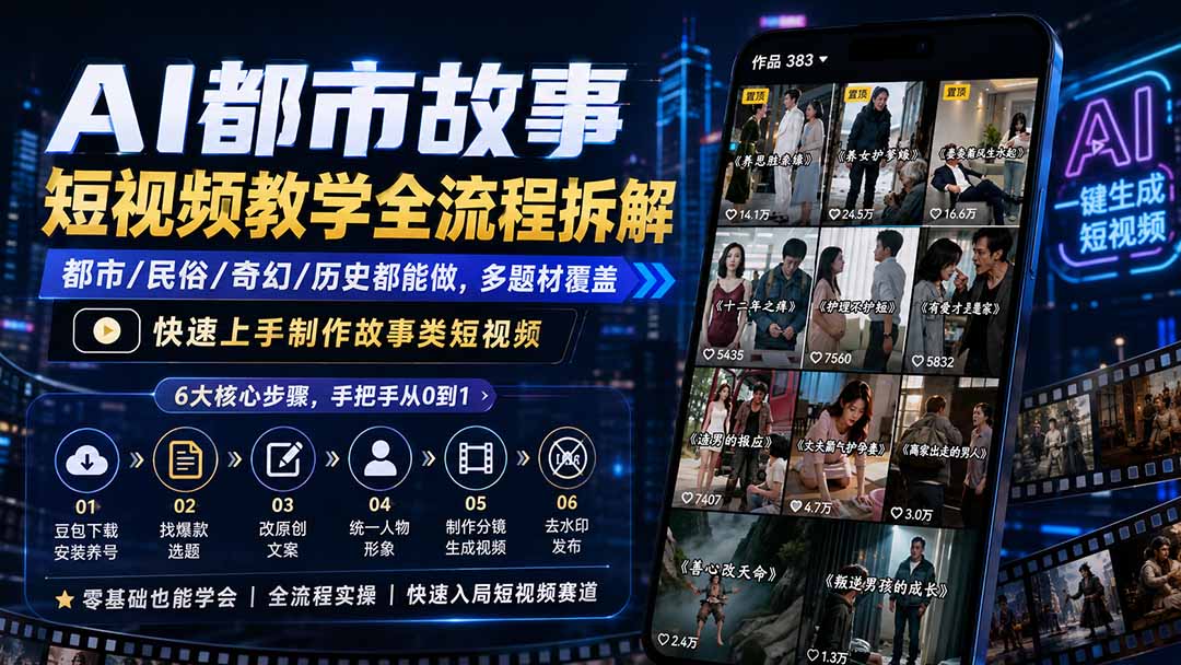 AI都市故事短视频教学全流程拆解；都市/民俗/奇幻/历史都能做多题材覆盖，快速上手制作故事类短视频-梦清研习社