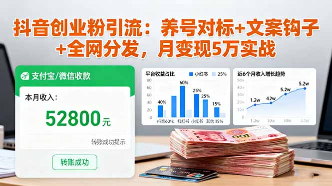 抖音创业粉引流：养号对标+文案钩子+全网分发，月变现5万实战-梦清研习社