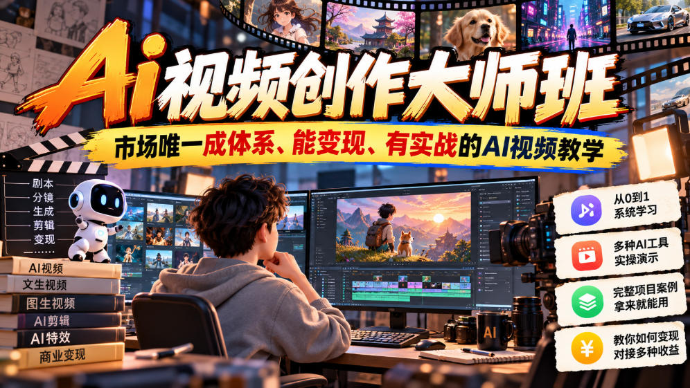 Ai视频创作大师班，市场唯一成体系、能变现、有实战的AI视频教学(更新2026)-梦清研习社