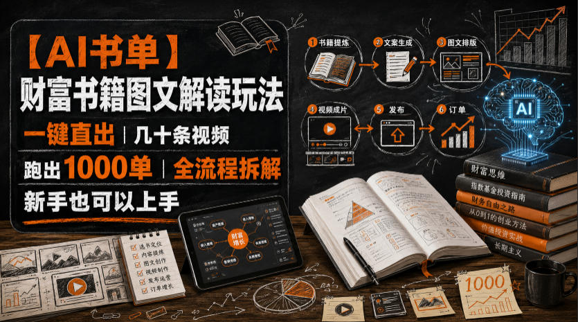 【AI书单】财富书籍图文解读玩法，一键直出，几十条视频，跑出1000单，全流程拆解，新手也可以上手-梦清研习社