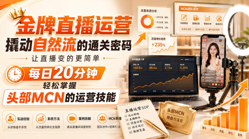 金牌直播运营撬动自然流的通关密码，让直播变的更简单，每日20分钟，轻松掌握头部MCN的运营技能-梦清研习社