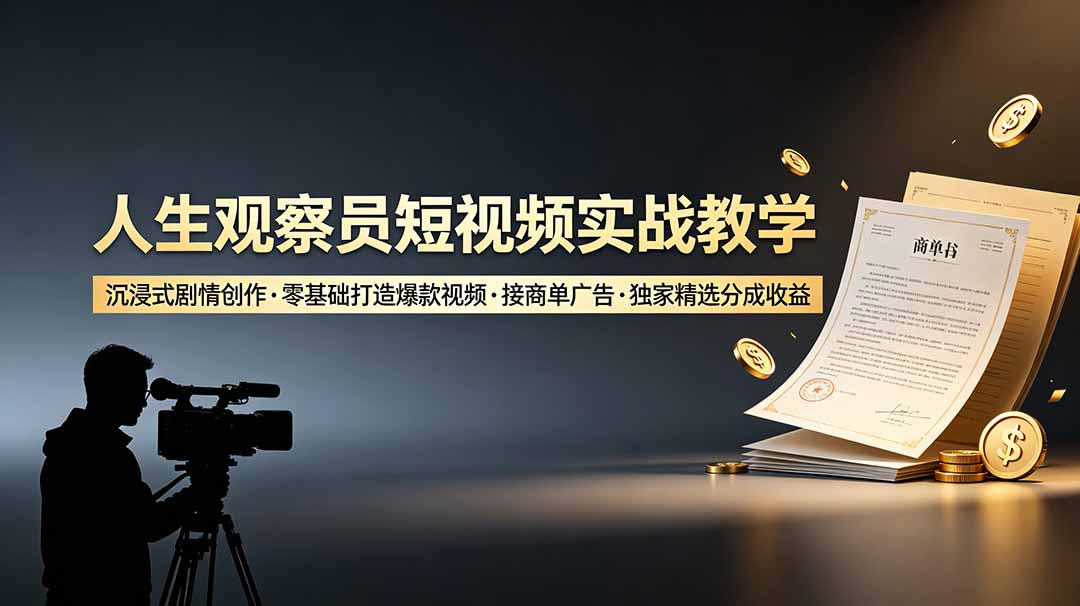 人生观察员短视频实战教学，沉浸式剧情创作，零基础打造爆款视频，接商单广告，独家精选分成收益-梦清研习社