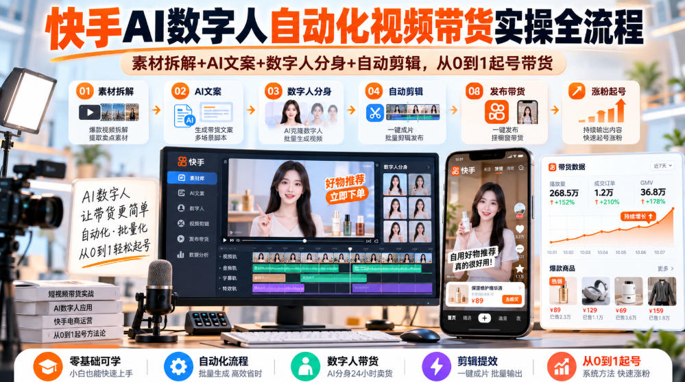 快手AI数字人自动化视频带货实操全流程｜素材拆解+AI文案+数字人分身+自动剪辑，从0到1起号带货(更新26年)-梦清研习社