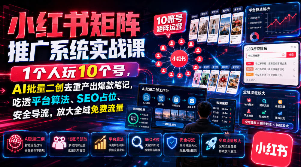小红书矩阵推广系统实战课｜1个人玩10个号，AI批量二创去重产出爆款笔记，吃透平台算法、SEO占位、安全导流，放大全域免费流量-梦清研习社