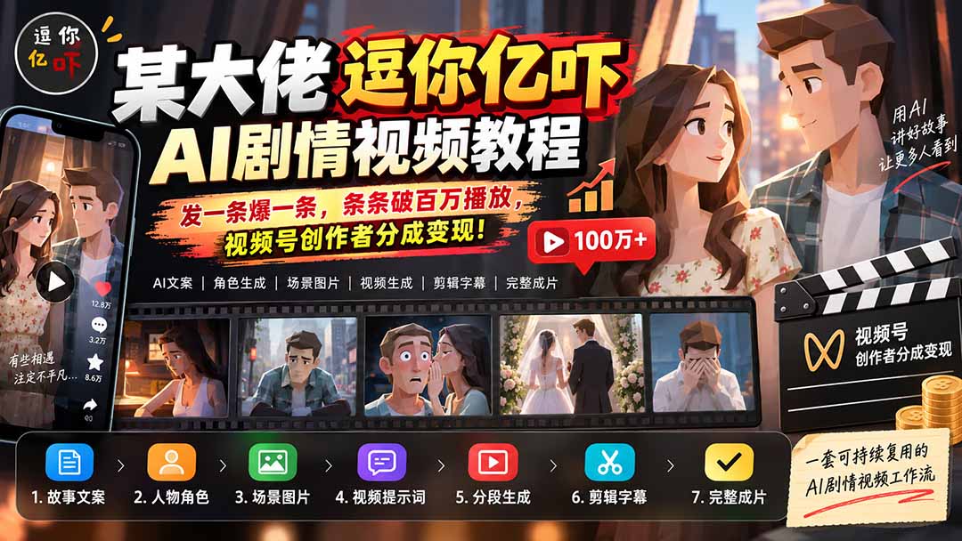 某大佬逗你亿吓AI低模剧情视频制作教程：发一条爆一条，条条破百万播放，利用视频号创作者分成变现!-梦清研习社