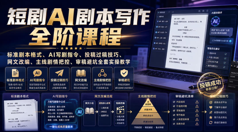 短剧AI剧本写作全阶课程｜标准剧本格式、AI写剧指令、投稿过稿技巧、网文改编、主线剧情把控、审稿避坑全套实操教学-梦清研习社