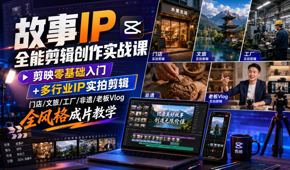 故事IP全能剪辑创作实战课|剪映零基础入门+多行业IP实拍剪辑,门店/文旅/工厂/非遗/老板Vlog全风格成片教学-梦清研习社