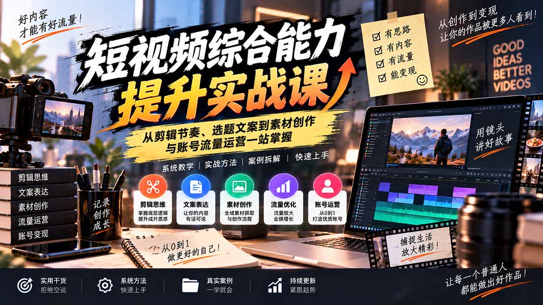 短视频综合能力提升实战课:从剪辑节奏、选题文案到素材创作与账号流量运营一站掌握-梦清研习社