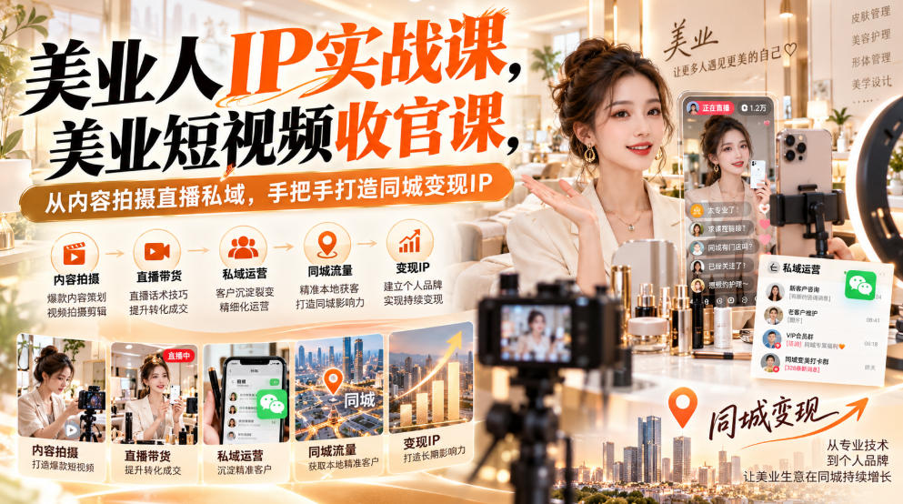 【无水印】美业人IP实战课，美业短视频收官课，从内容拍摄直播私域，手把手打造同城变现IP-梦清研习社