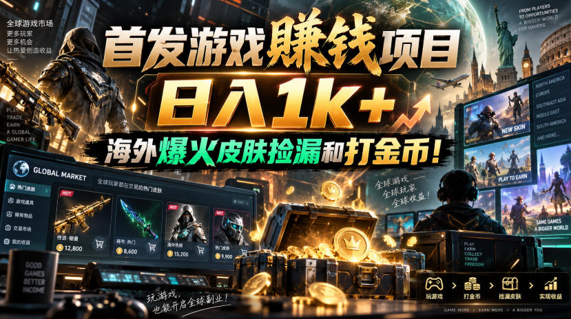 首发游戏賺钱项目，日入1k+，海外爆火皮肤捡漏和打金币！【揭秘】-梦清研习社