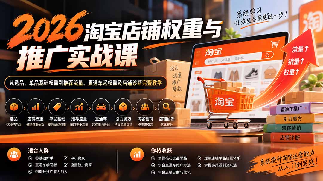 2026淘宝店铺权重与推广实战课：从选品、单品基础权重到推荐流量、直通车起权重及店铺诊断完整教学-梦清研习社