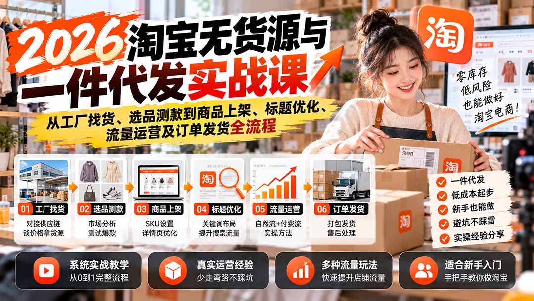 2026淘宝无货源与一件代发实战课：从工厂找货、选品测款到商品上架、标题优化、流量运营及订单发货全流程-梦清研习社