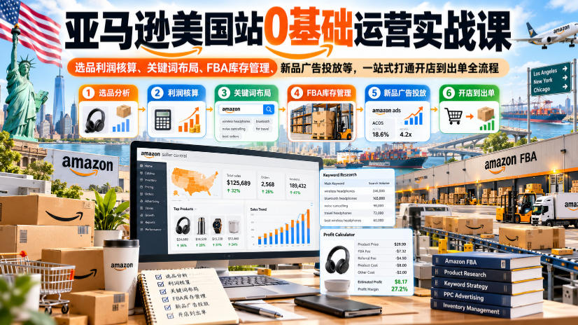 亚马逊美国站0基础运营实战课｜选品利润核算、关键词布局、FBA库存管理、新品广告投放等，一站式打通开店到出单全流程-梦清研习社