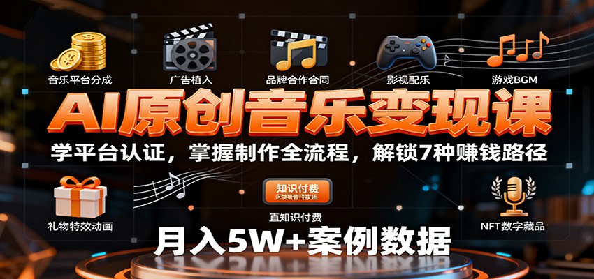 AI原创音乐变现课：学平台认证，掌握制作全流程，解锁7种赚钱路径-梦清研习社