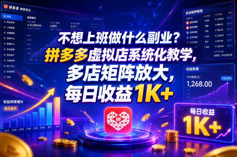 不想上班做什么副业？拼多多虚拟店系统化教学，多店矩阵放大，每日收益1K+【揭秘】-梦清研习社