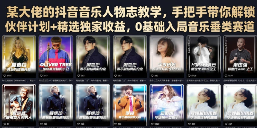 某大佬的抖音音乐人物志教学，手把手带你解锁伙伴计划+精选独家收益，0基础入局音乐垂类赛道-梦清研习社
