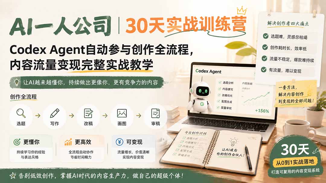 AI一人公司｜30天实战训练营；Codex Agent自动参与创作全流程，内容流量变现完整实战教学-梦清研习社