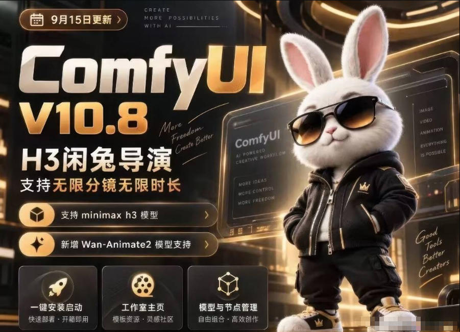 ComfyUI V10.8中文整合包，H3闲兔导演，支持无限分镜无限时长，1000+工作流，动作迁移，角色替换，视频一致性，口型同步，低显存可用-梦清研习社