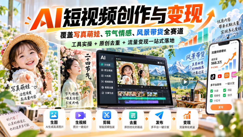 AI短视频创作与变现，覆盖写真萌娃、节气情感、风景带货全赛道，工具实操+原创去重+流量变现一站式落地-梦清研习社