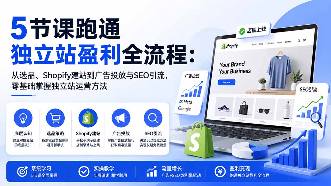 图片[1]-5节课跑通独立站盈利全流程：从选品、Shopify建站到广告投放与SEO引流，零基础掌握独立站运营方法-梦清研习社