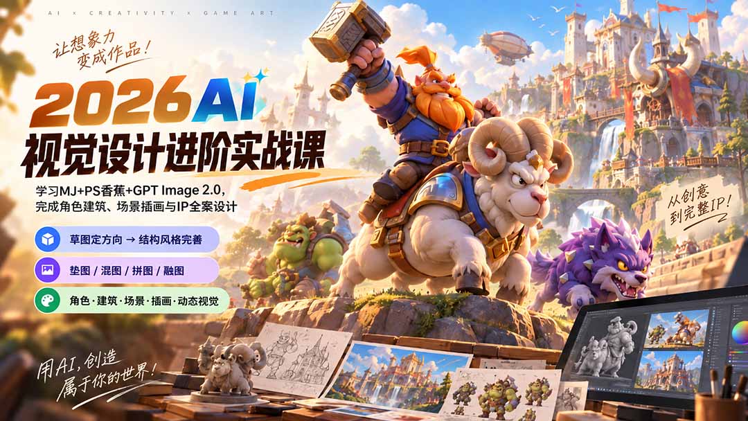 2026AI视觉设计进阶实战课-更新1007：学习MJ+PS香蕉+GPT Image 2.0，完成角色建筑、场景插画与IP全案设计-梦清研习社