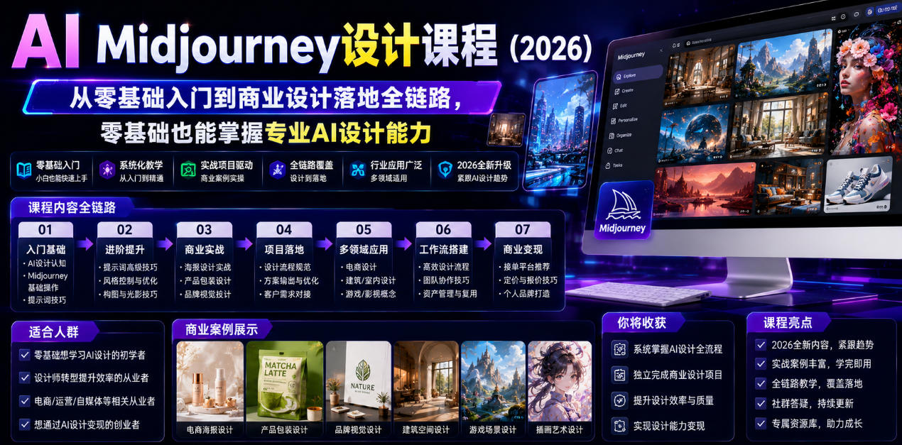 AI Midjourney设计课程(2026)，从零基础入门到商业设计落地全链路，零基础也能掌握专业AI设计能力(更新1007)-梦清研习社