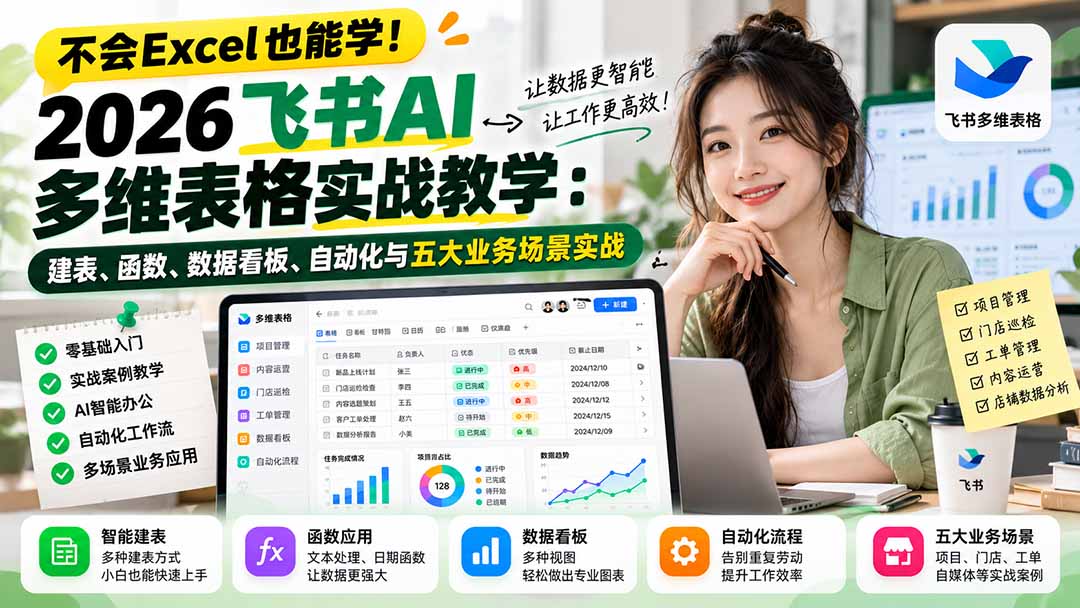 不会Excel也能学！2026飞书AI多维表格实战教学：建表、函数、数据看板、自动化与五大业务场景实战-梦清研习社