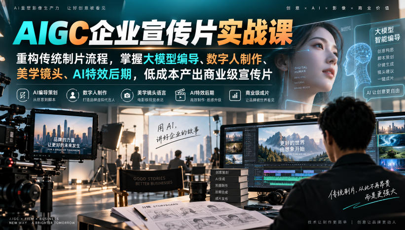 AIGC企业宣传片实战课，重构传统制片流程，掌握大模型编导、数字人制作、美学镜头、AI特效后期，低成本产出商业级宣传片-梦清研习社