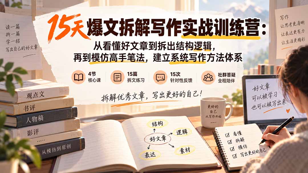 15天爆文拆解写作实战训练营：从看懂好文章到拆出结构逻辑，再到模仿高手笔法，建立系统写作方法体系-梦清研习社
