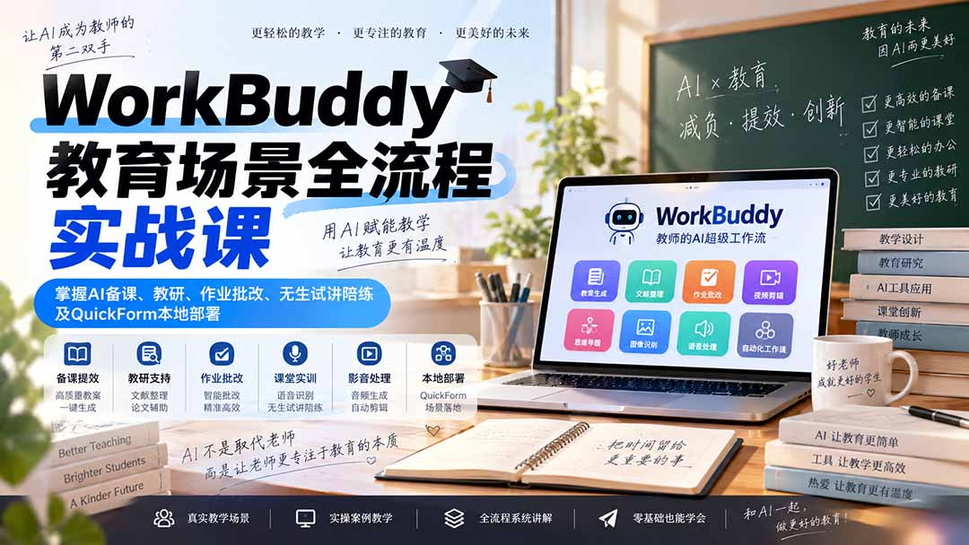 WorkBuddy教育场景全流程实战课：掌握AI备课、教研、作业批改、无生试讲陪练及QuickForm本地部署-梦清研习社