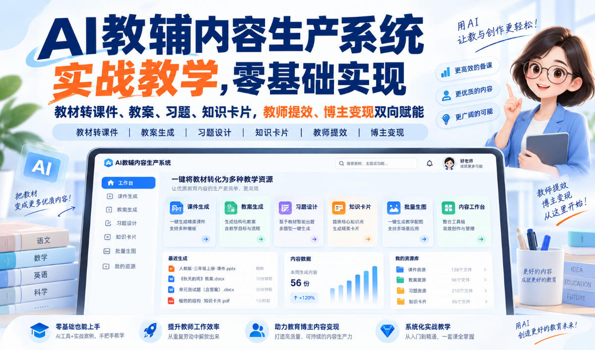AI教辅内容生产系统实战教学，零基础实现教材转课件、教案、习题、知识卡片，教师提效、博主变现双向赋能-梦清研习社