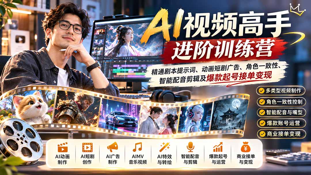 AI视频高手进阶训练营：精通剧本提示词、动画短剧广告、角色一致性、智能配音剪辑及爆款起号接单变现-梦清研习社