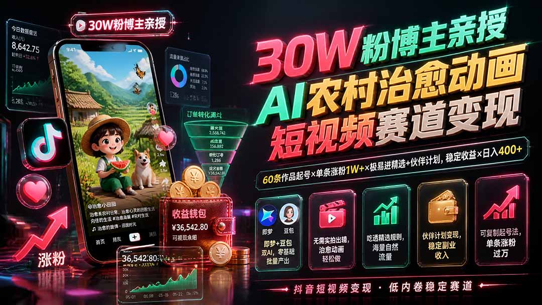 30W粉博主亲授AI农村治愈动画短视频赛道变现：60条作品起号×单条涨粉1W+×极易进精选+伙伴计划，稳定收益×日入400+-梦清研习社