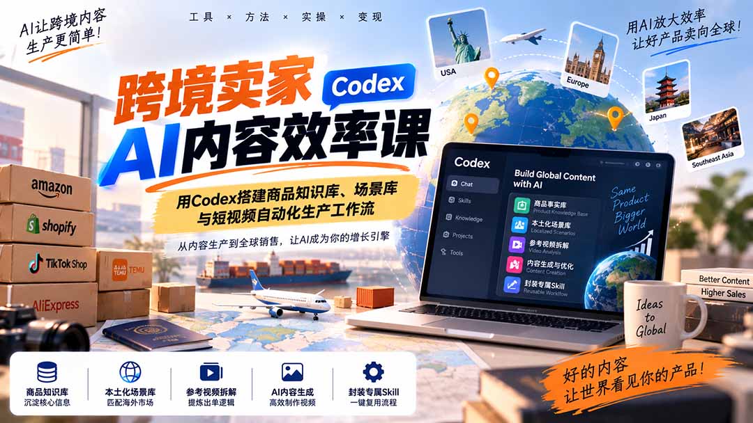 跨境卖家AI内容效率课：用Codex搭建商品知识库、场景库与短视频自动化生产工作流-梦清研习社