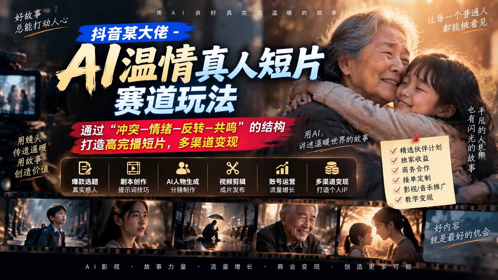 抖音某大佬-AI温情真人短片赛道玩法：通过“冲突—情绪—反转—共鸣”的结构打造高完播短片，多渠道变现-梦清研习社