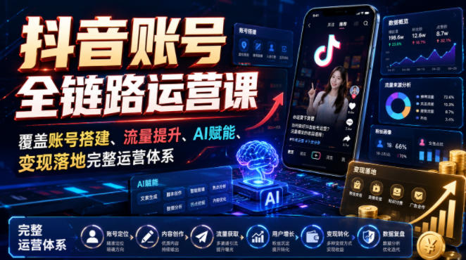 抖音账号全链路运营课，覆盖账号搭建、流量提升、AI赋能、变现落地完整运营体系-梦清研习社