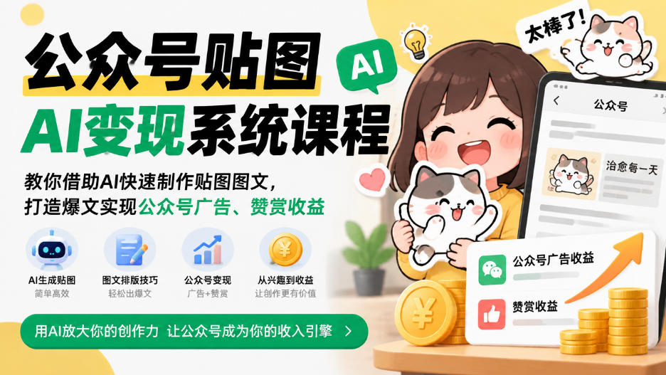 公众号贴图AI变现系统课程|教你借助AI快速制作贴图图文,打造爆文实现公众号广告、赞赏收益-梦清研习社