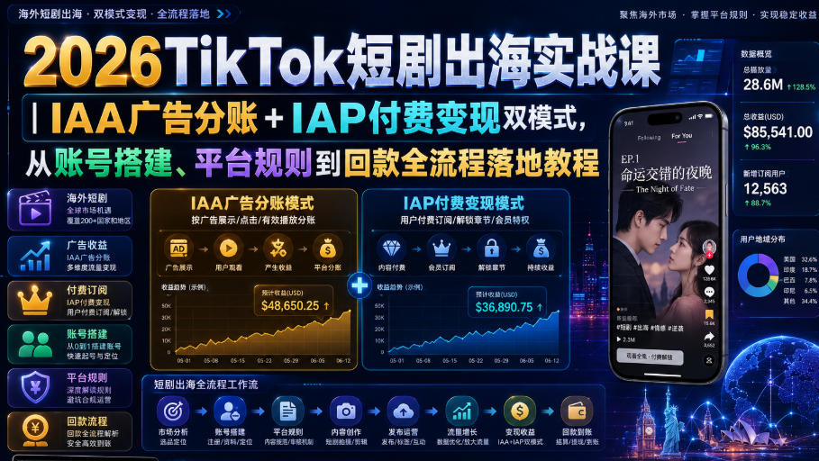 2026TikTok短剧出海实战课｜IAA广告分账+IAP付费变现双模式，从账号搭建、平台规则到回款全流程落地教程-梦清研习社