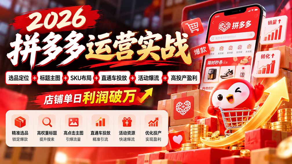 2026拼多多运营实战-更新1002：选品定位+标题主图+SKU布局+直通车投放+活动爆流+高投产盈利 店铺单日利润破万-梦清研习社