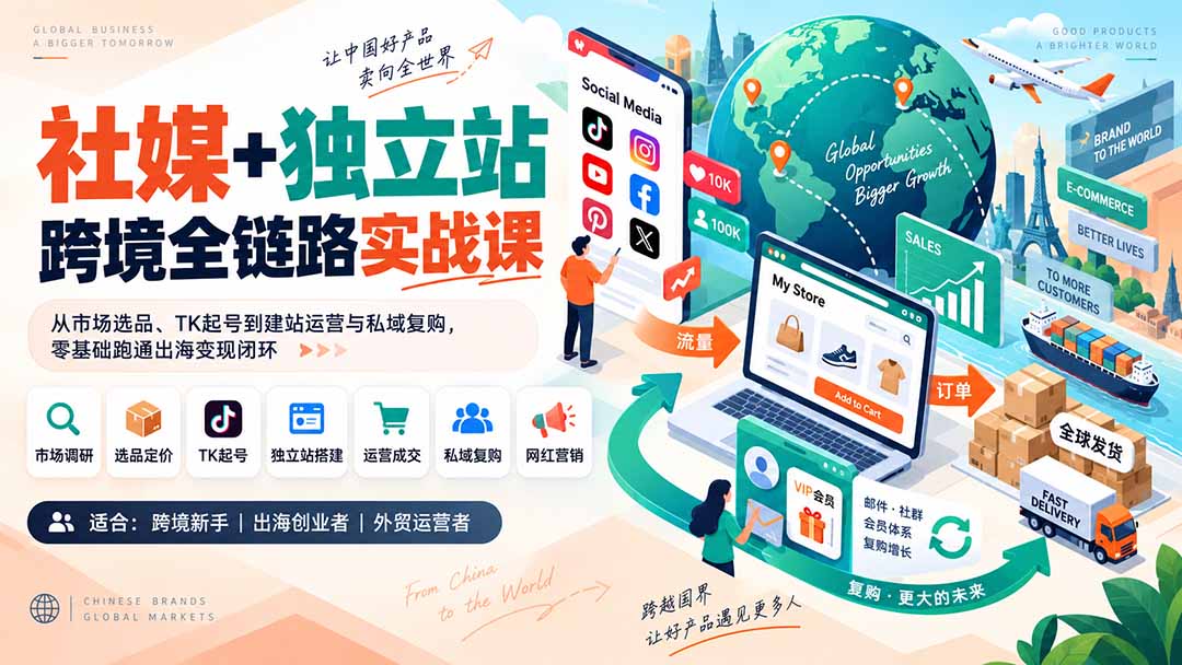 社媒+独立站跨境全链路实战课：从市场选品、TK起号到建站运营与私域复购，零基础跑通出海变现闭环-梦清研习社