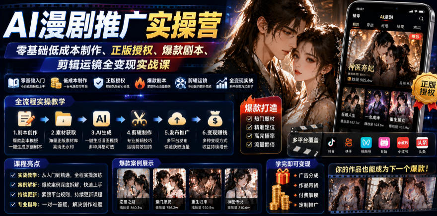 AI漫剧推广实操营｜零基础低成本制作、正版授权、爆款剧本、剪辑运镜全变现实战课-梦清研习社