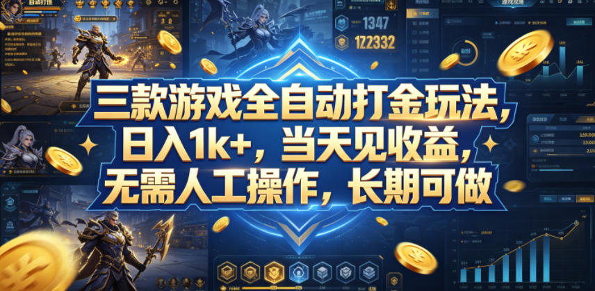 三款游戏全自动打金玩法，日入1k+，当天见收益，无需人工操作，长期可做【揭秘】-梦清研习社