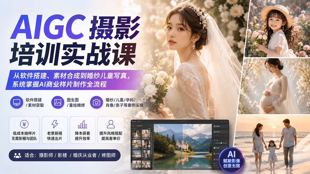 AIGC摄影培训实战课：从软件搭建、素材合成到婚纱儿童写真，系统掌握AI商业样片制作全流程-梦清研习社